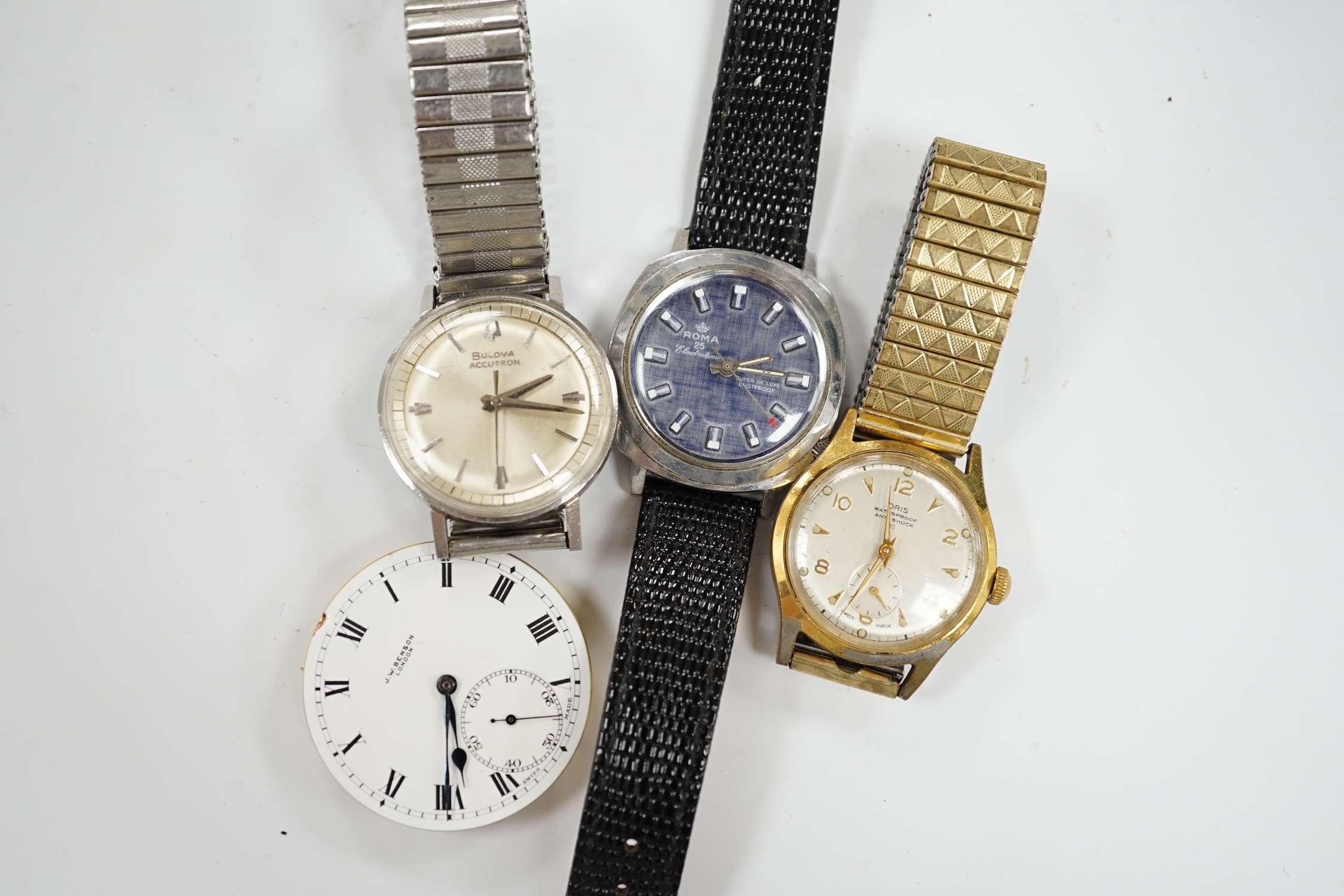 A gentleman's stainless steel Bulova Accutron wrist watch, on associated flexible strap, two other gentleman's wrist watches including Oris and a J.W. Benson pocket watch movement.